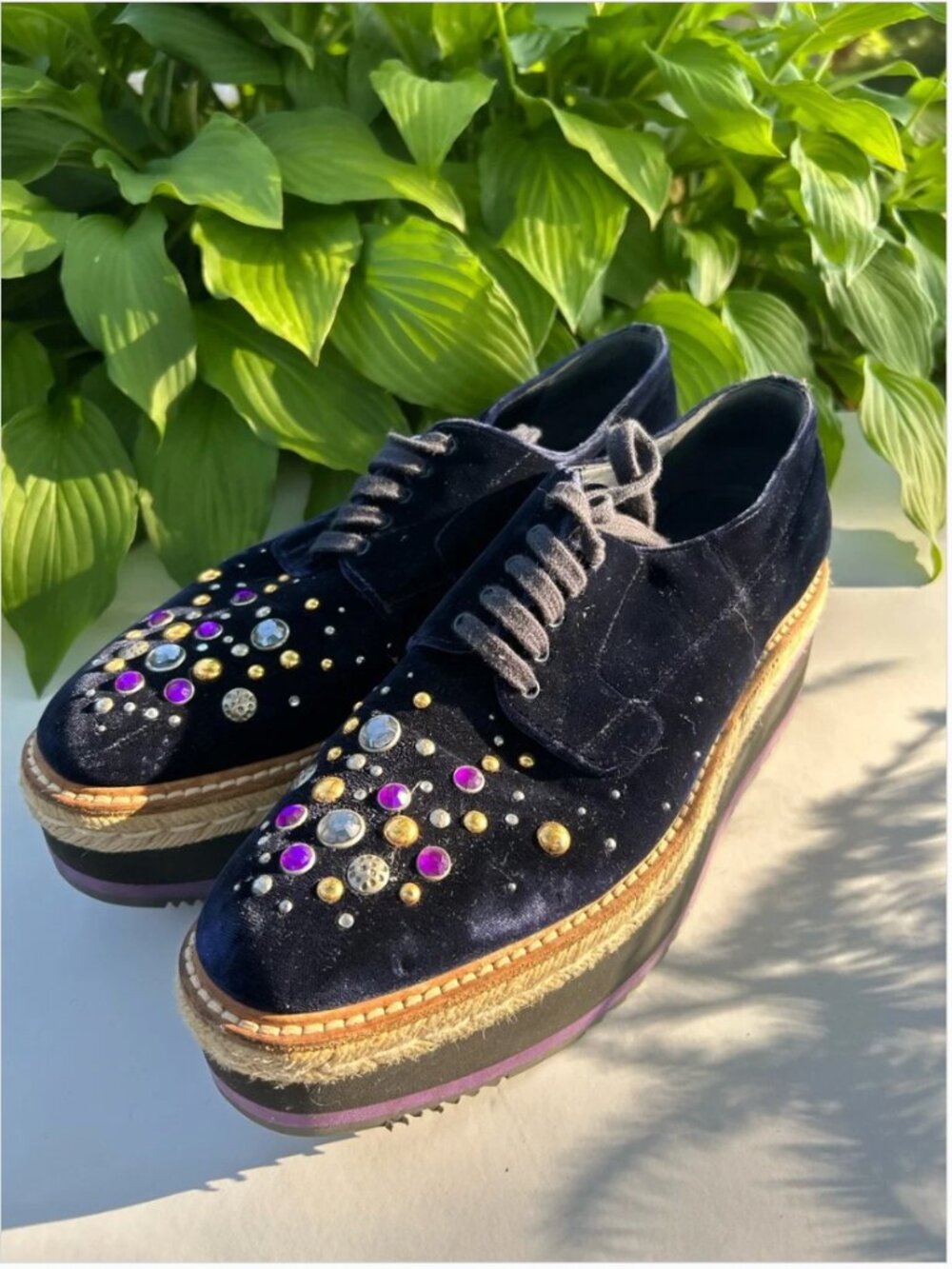 PRADA Velvet Platform Oxford Espadrille Embellished Crystals Shoes Size 40